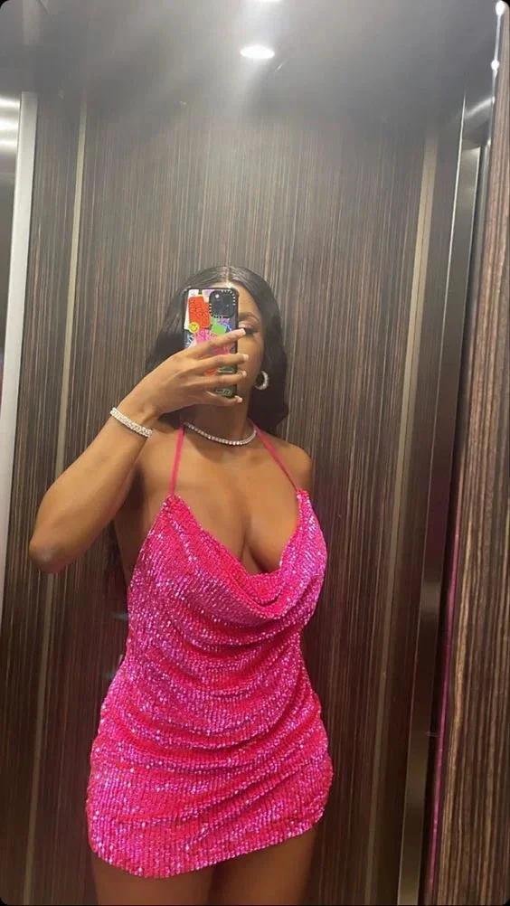 Pink sequin cowl neck mini dress sexy homecoming dress Y66 by simplepromdress