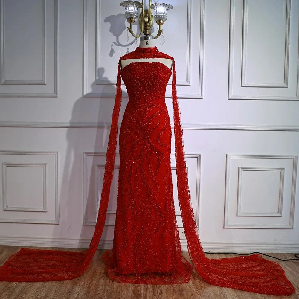 Zapdress Red Mermaid Detachable Cape Sleeves Evening Dresses with Lace Up Back Party Gowns for Women DLA72824 Customized (ZD17177)