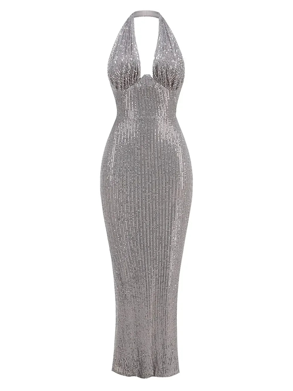 2024 Sexy Women's Maxi Red Sparkle Dress with Hanging Neck Sleeveless Bodycon Backless Long Dresses Evening Club Party Vestidos Dark Grey