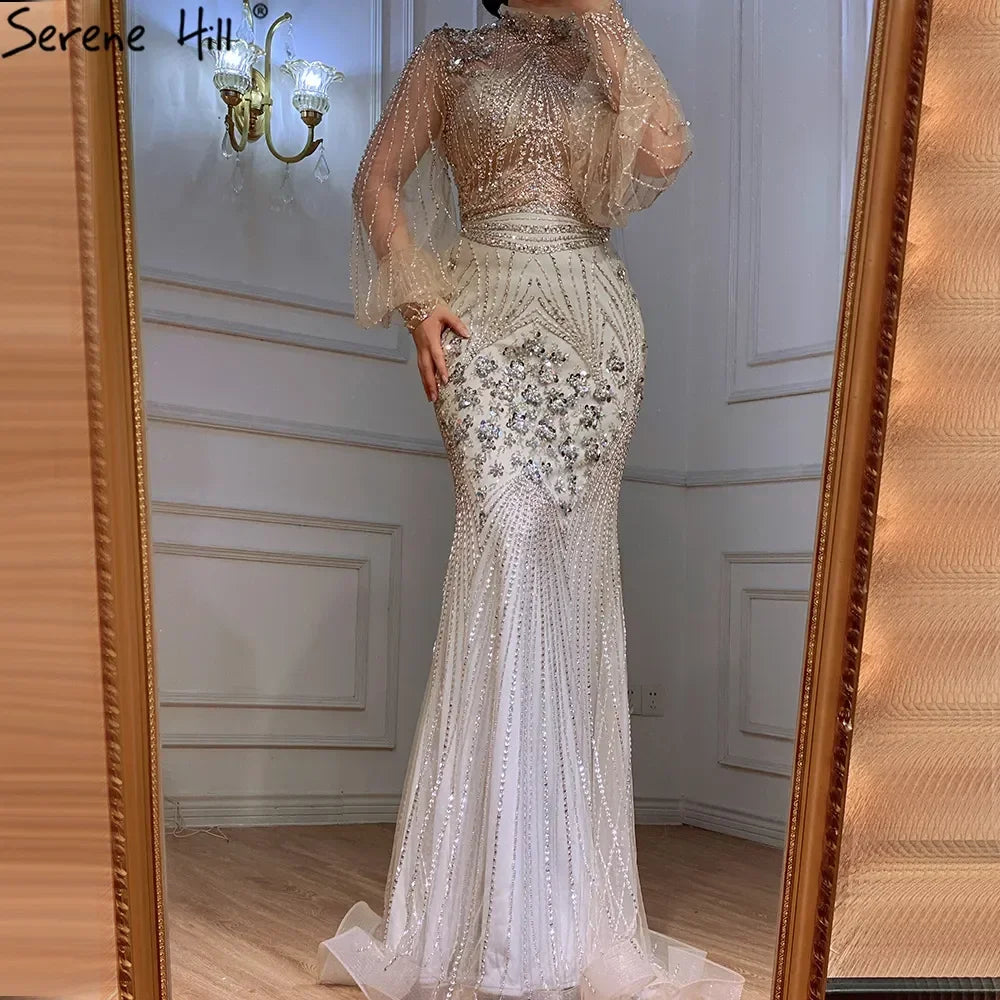 Zapdress Customized Silver Beaded Mermaid Evening Dresses 2025 Full Sleeves Elegant Party Gowns For Women (ZD17179)