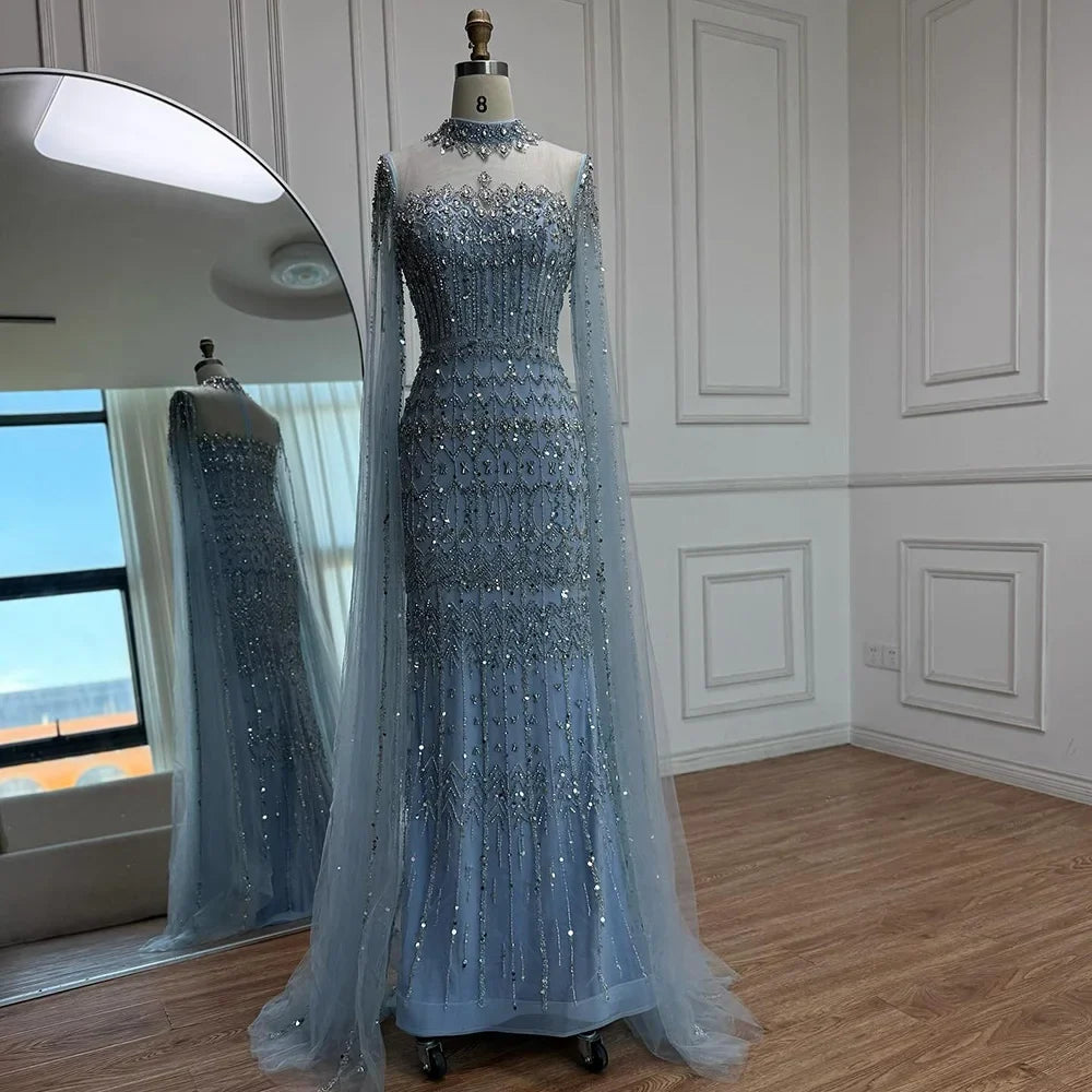 Zapdress Dubai Blue Beaded Evening Dress with Cape Sleeves 2025 Formal Party Gowns for Women DLA72714A Customized (ZD17279)
