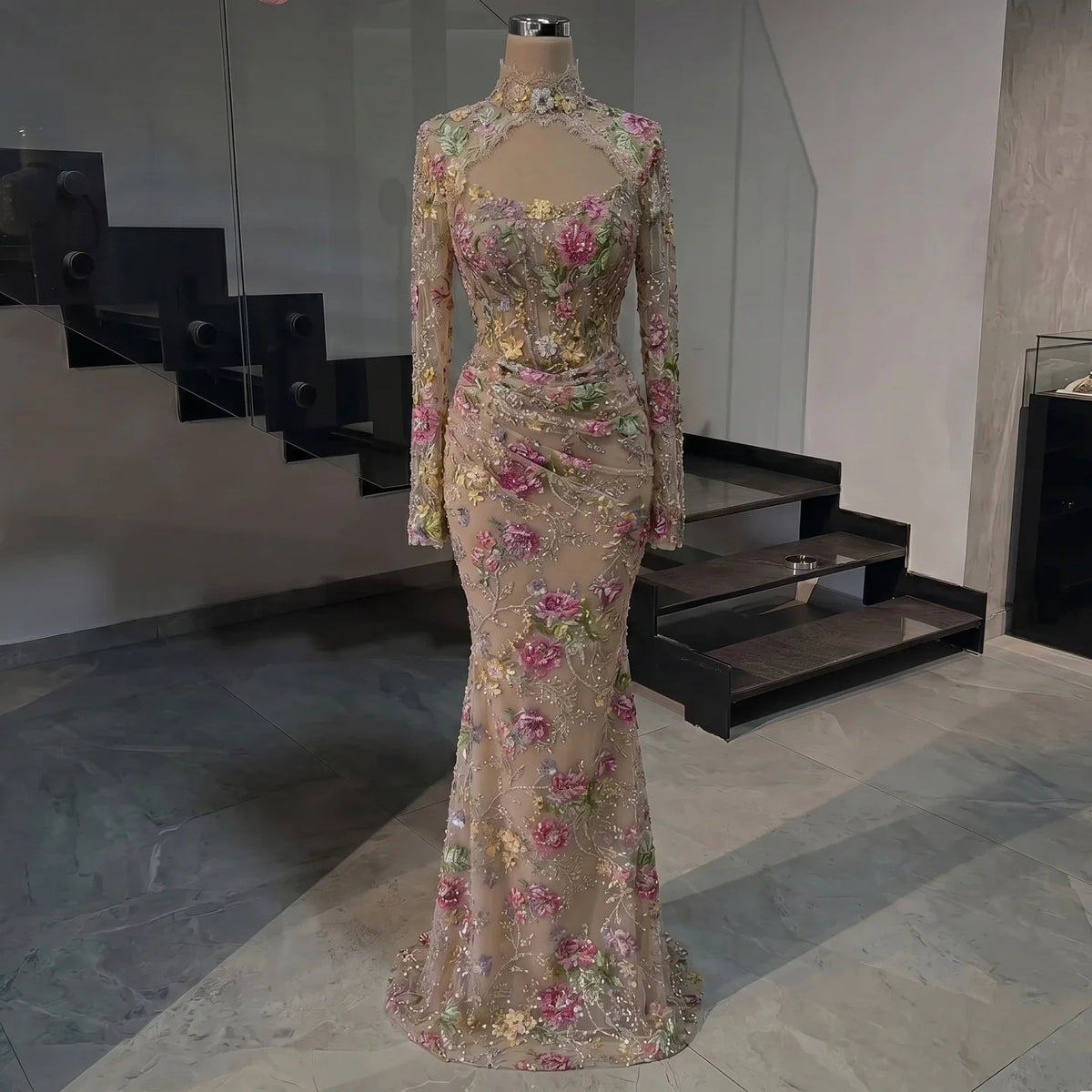 Zapdress Mermaid Long Sleeves Evening Dress Flower Pattern Formal Wedding Party Gowns for Women 2026 DLA73552F Customized (ZD17291)
