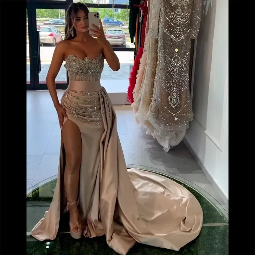 Zapdress Customized Nude Strapless Mermaid High Split Evening Dresses with Skirt Beaded Party Gowns For Women 2025 (ZD17205)