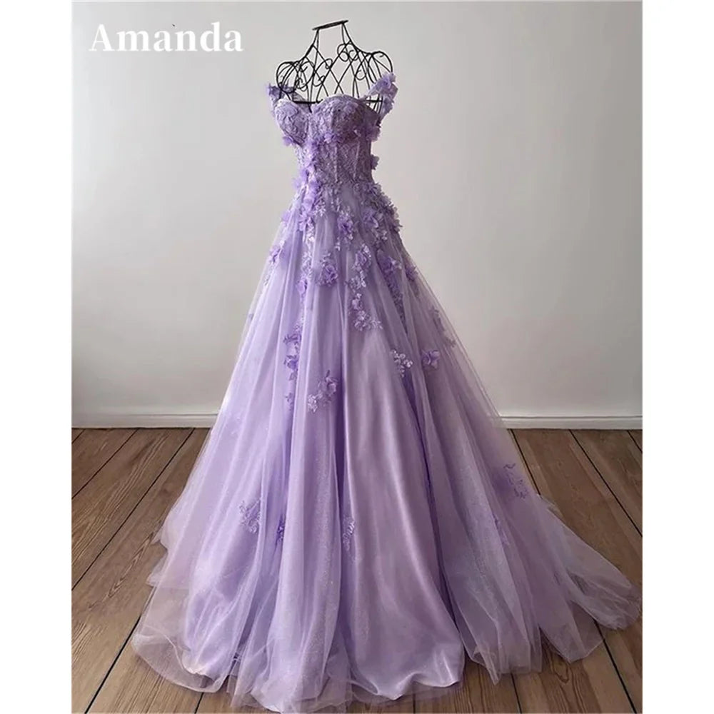 Princess 3D Flower فساتين مناسبة رسمية Sweet A-line Tulle Evening Dress Purple Prom Dress Handmade Robe De Soirée