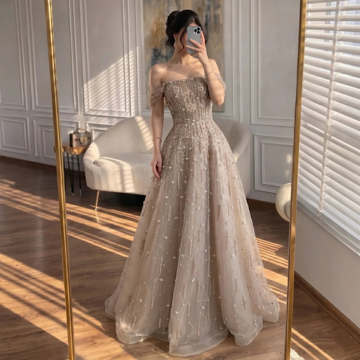 Zapdress Caramel A-Line Beaded Evening Gown Off Shoulder Formal Party Prom Dress Robe de Soirée 2026 Customized (ZD17268)