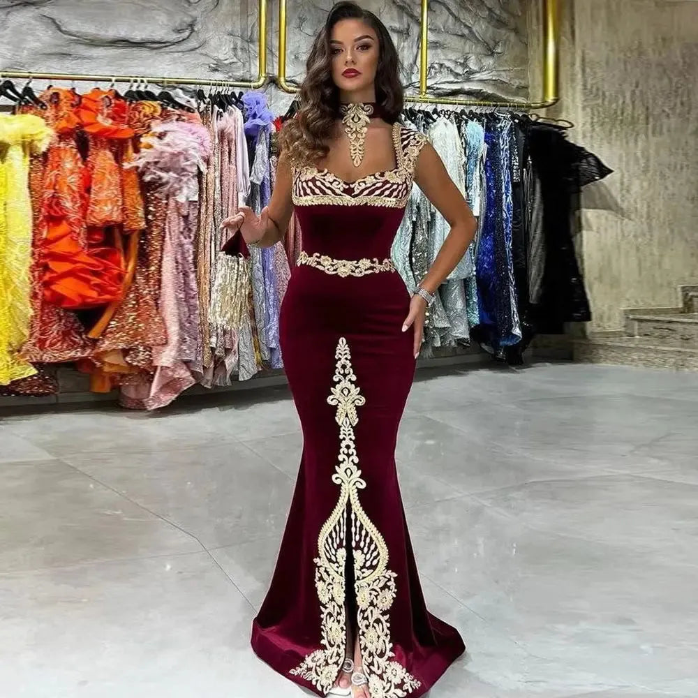 Elegant Burgundy Mermaid Kaftan Evening Dress Lace Appliques Sheath Prom Gown Mid Slit Floor Length Algerian Outfit Burgundy