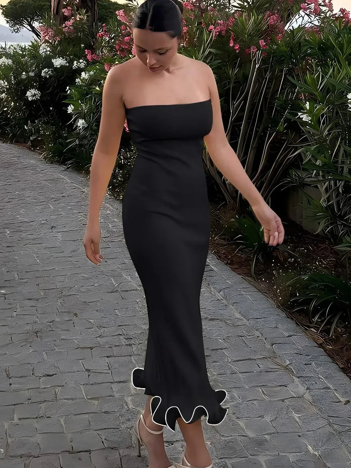 Sleeveless Ruffles Patchwork Bodycon Midi Dress - View 6 | VelvetHem