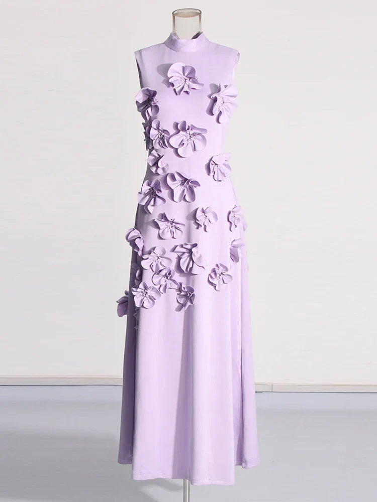 3D Flower Appliqué Mock Neck Midi Dress