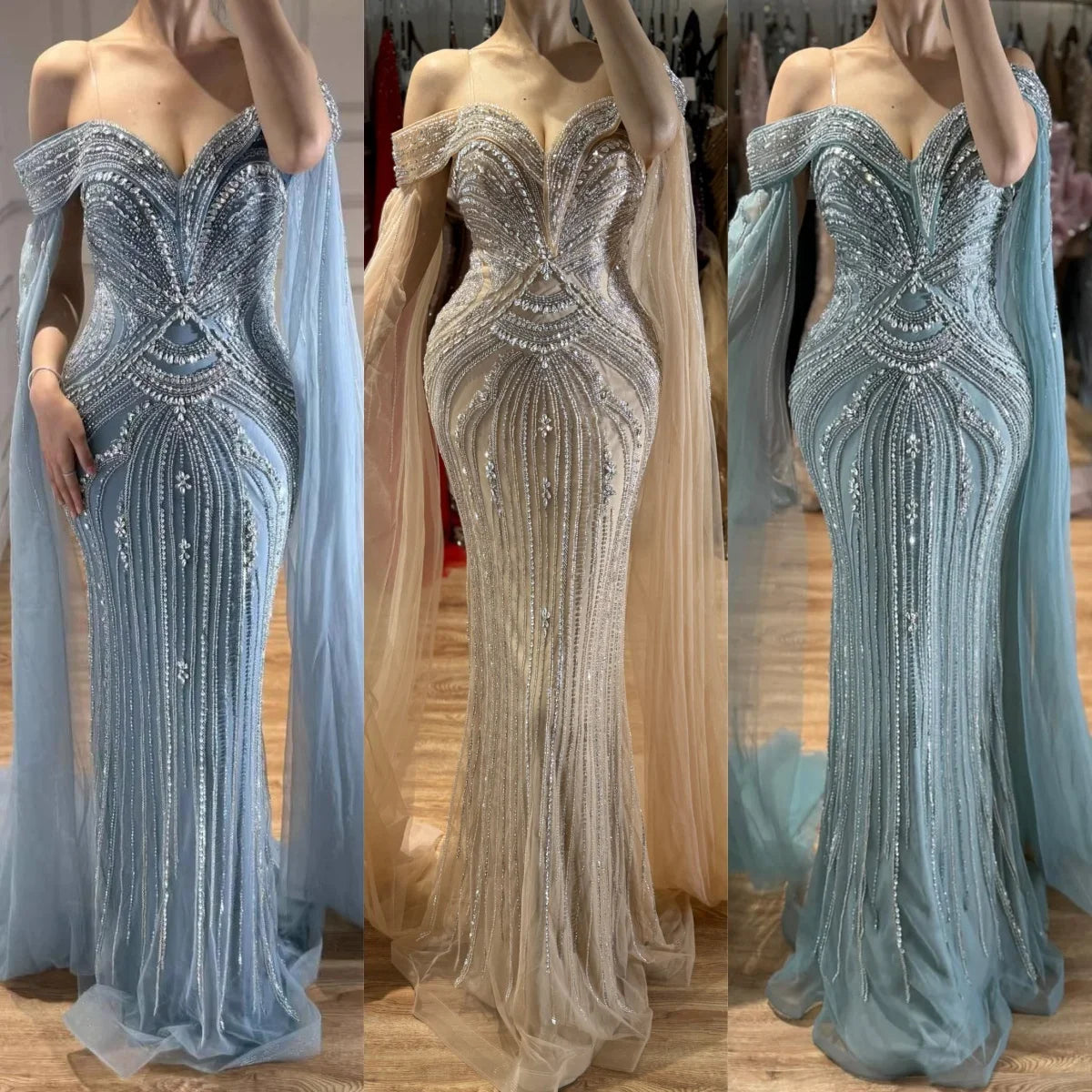 Zapdress Dusty Blue Off-Shoulder Evening Dress Heavy Beaded Mermaid Party Gown with Elegant Cape Sleeves Customized (ZD17286)