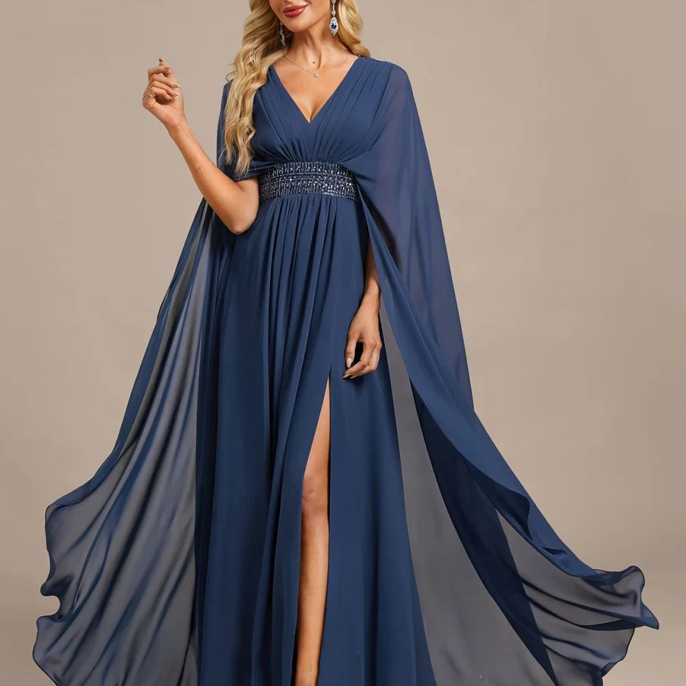 Elegant Chiffon Bridal Dress Split Customized A Line V Neck Wedding Party Gowns Formal  Floor Length Mother Dresses For Bride