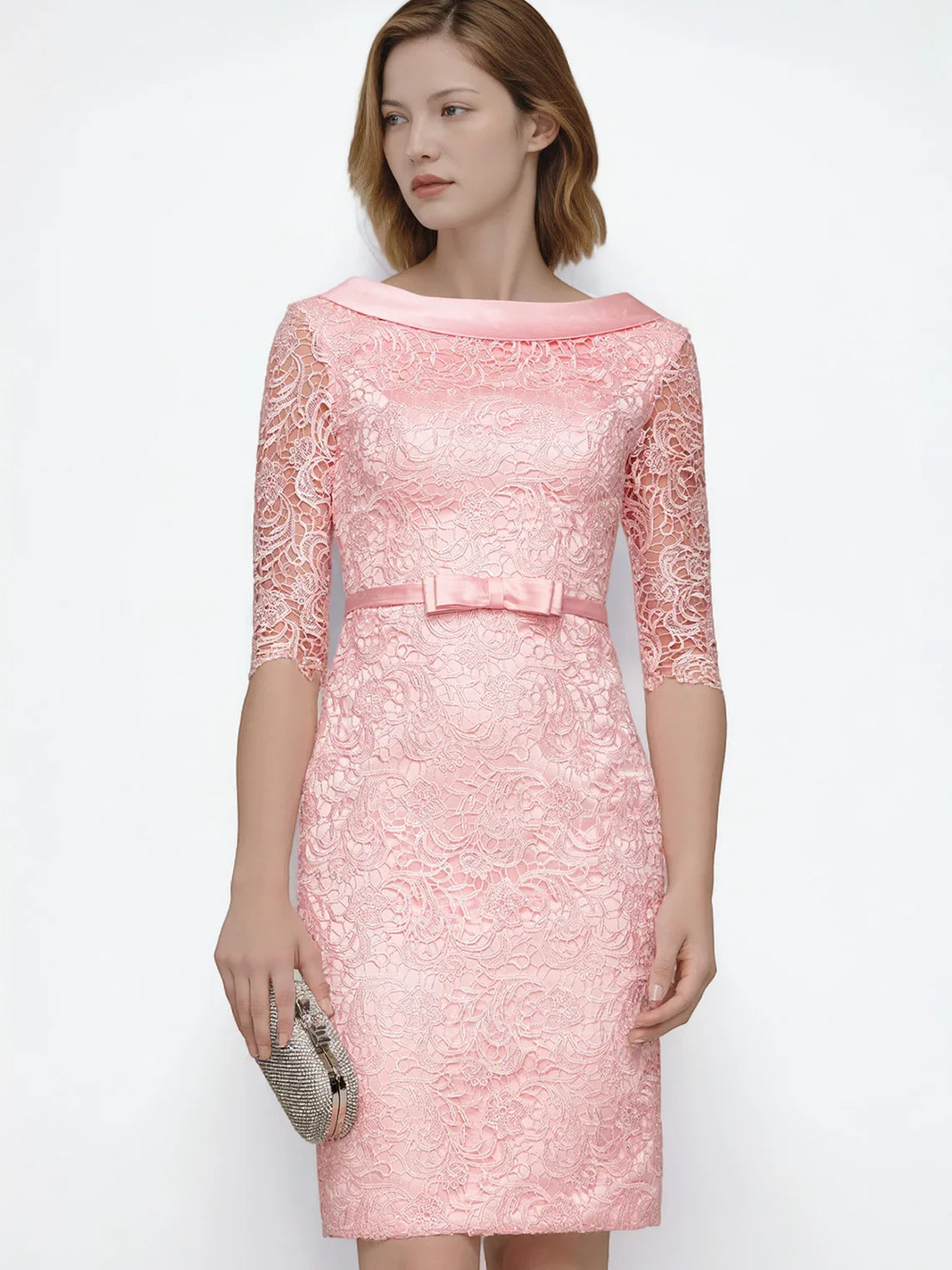 Mother Of The Bride Gown - Elegant Sheath Evening Dress Lace Jacket Bateau Neck Half Sleeve Knee-Length Bowknot Waistband Formal Dress Free Customized pink