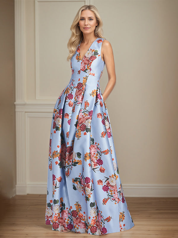 A-Line V-Neck Peonies Floral Mother of the Bride Dress With Slit