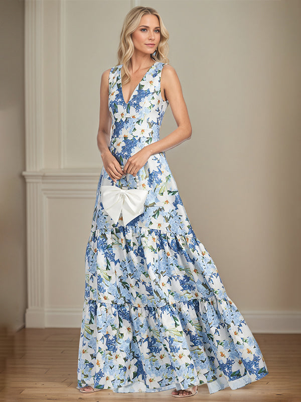 A-Line V-Neck Sleeveless Azure Floral Mother of the Bride Dress