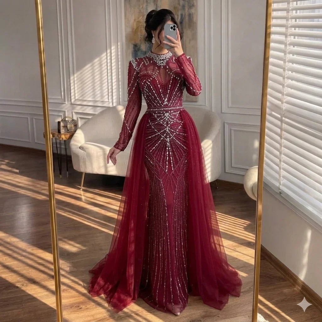 Zapdress Nude Muslim High Neck Mermaid Evening Gowns 2026 Long Sleeves Overskirt Party Dress for Women DLA73203A Customized (ZD17202)