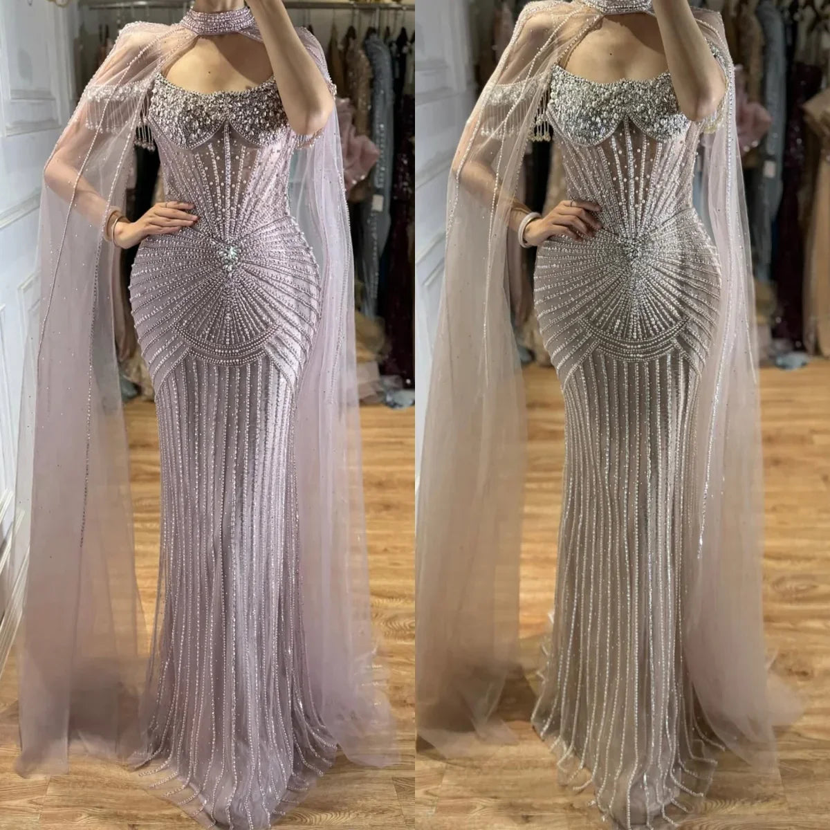Zapdress 2026 Pearl Beaded Mermaid Caramel Evening Dresses Elegant Formal Party Gown with Sheer Cape Customized DLA73148C (ZD17292)