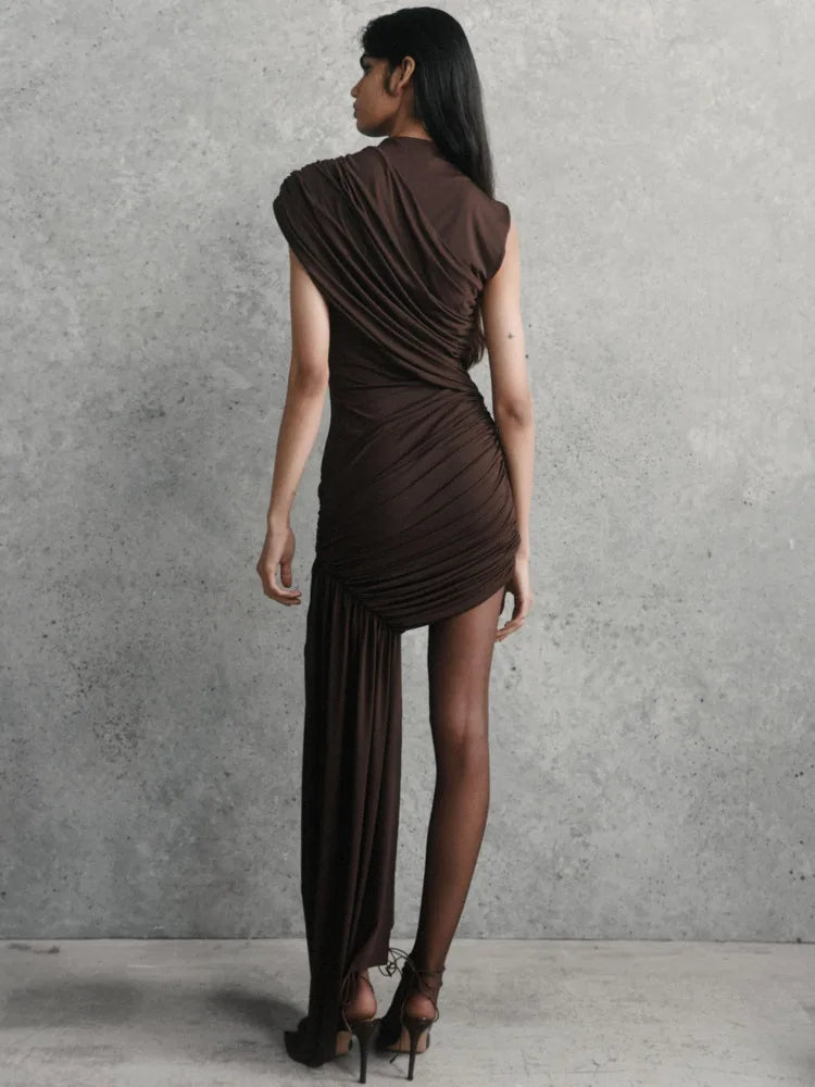 Draped Ruched Turtleneck Pleated Mini Dress - View 4 | VelvetHem