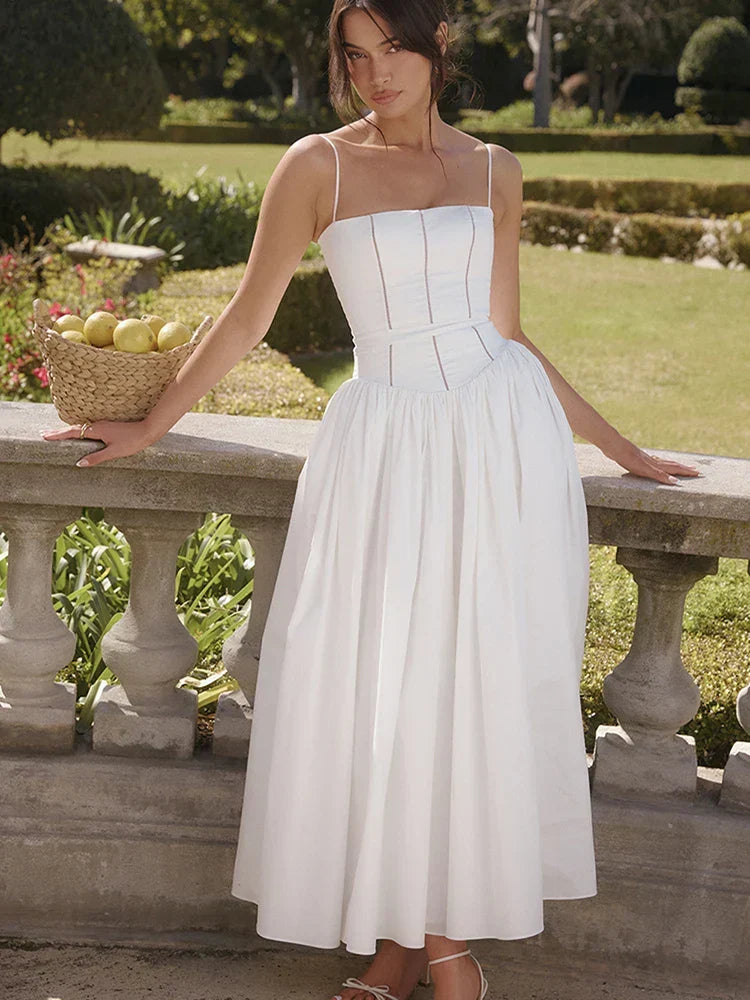 White Spaghetti Strap Backless Midi Dress - VelvetHem