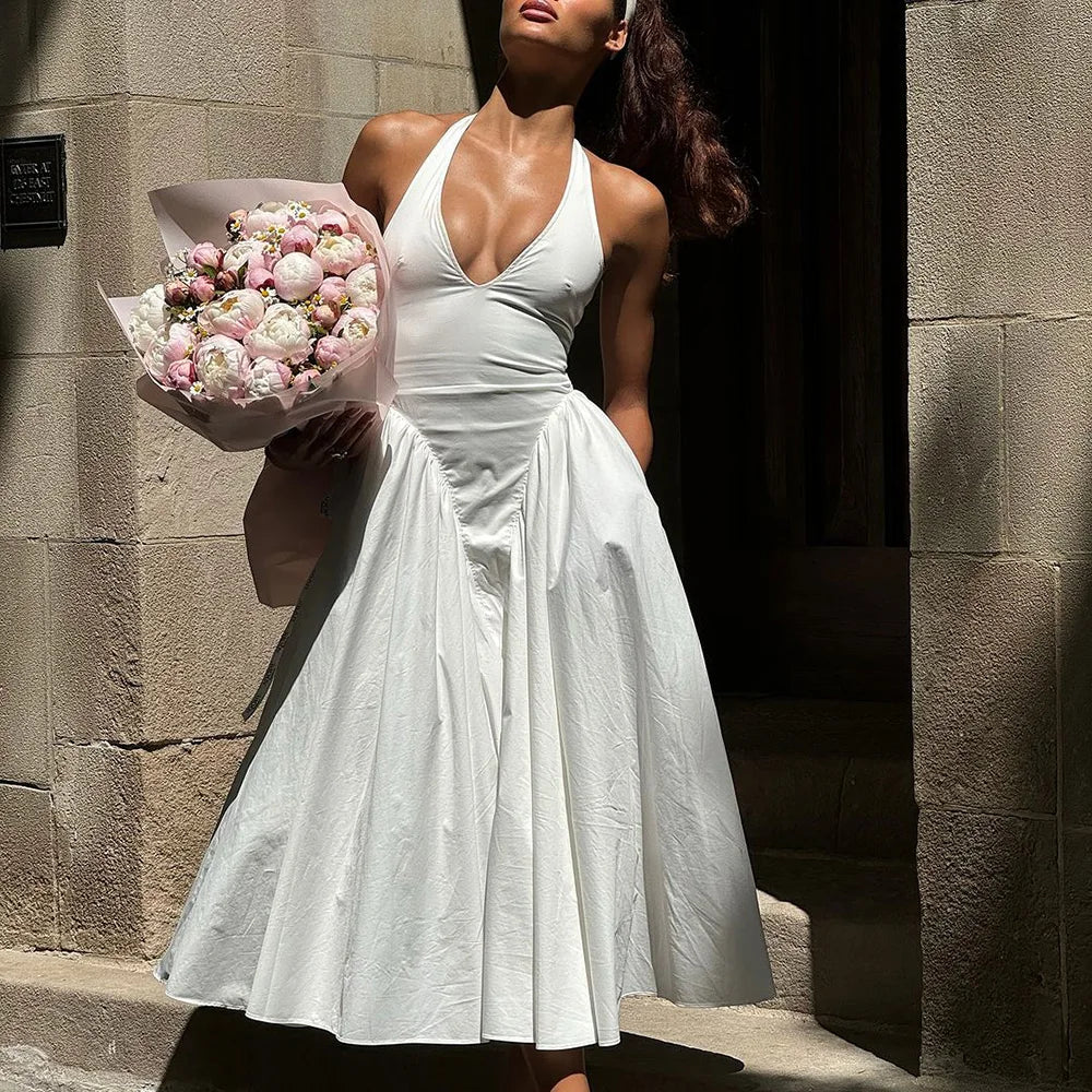 Backless Deep V Spliced Long Midi Dress - View 3 | VelvetHem
