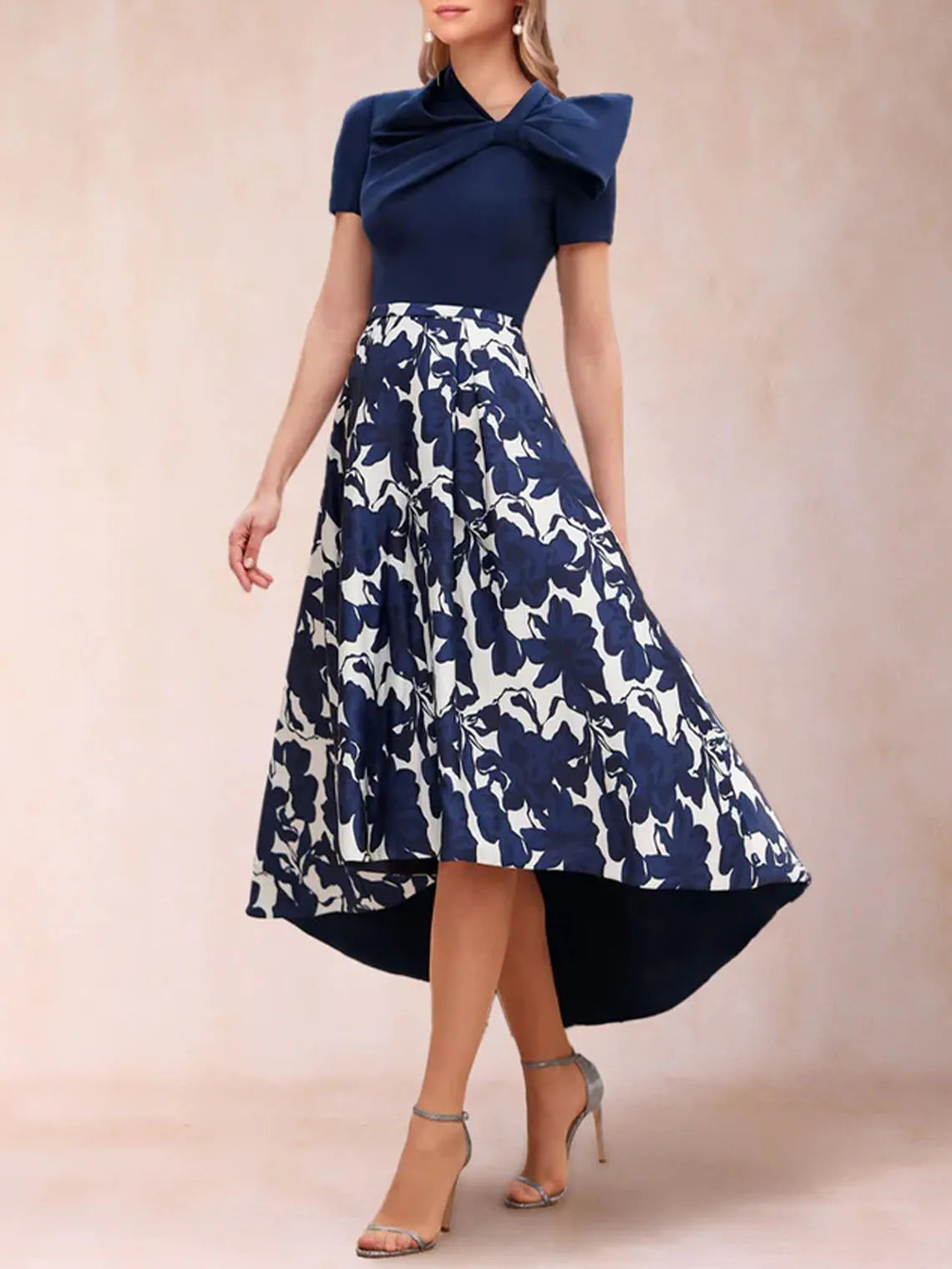 Mother Of The Bride Dress - Elegant A-Line Wedding Guest Dress Bow Knot V-Neck Printed Floor-Length Mother of the Bride Evening Dress Free Customized Dark Navy