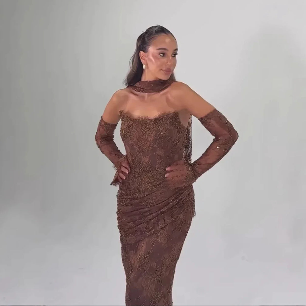Zapdress Brown Lace Evening Gown Elegant Mermaid Ruched Slim Fit Party Dress for Women DLA73484 Customized (ZD17257) - View 6 | VelvetHem