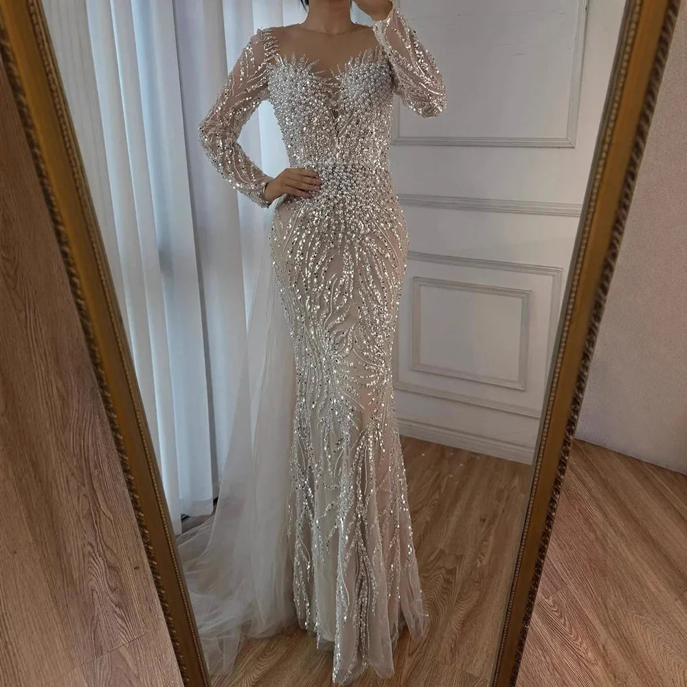 Zapdress White Nude Long Sleeves Mermaid Pearls Beaded Evening Dress with Train Wedding Party Gowns DLA72634A Customized (ZD17262)