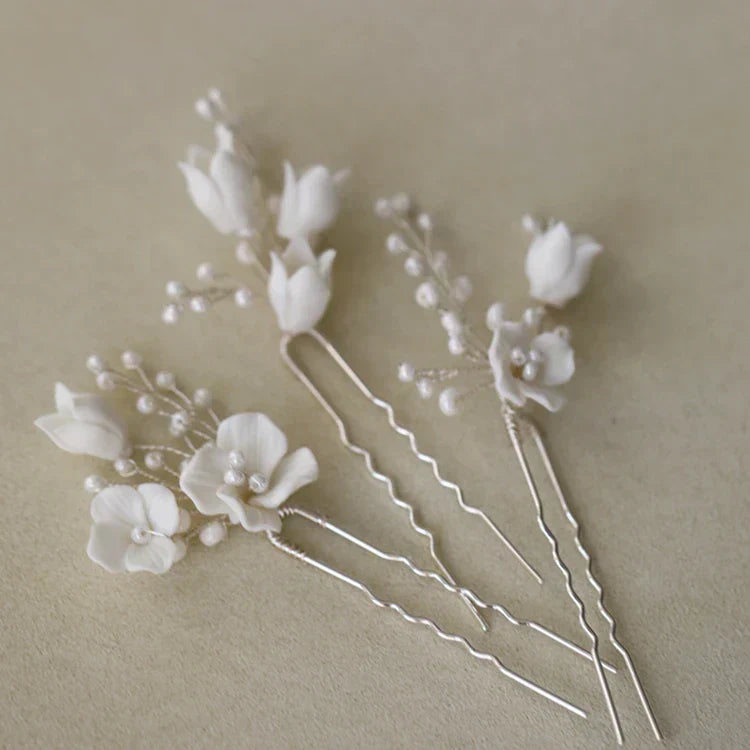 Bridal Jewelry Porcelain Flower Hairpins Silver Color Hair Pin Clip For Brides Bridesmaids Women Head Pieces Wedding Accessories silver color