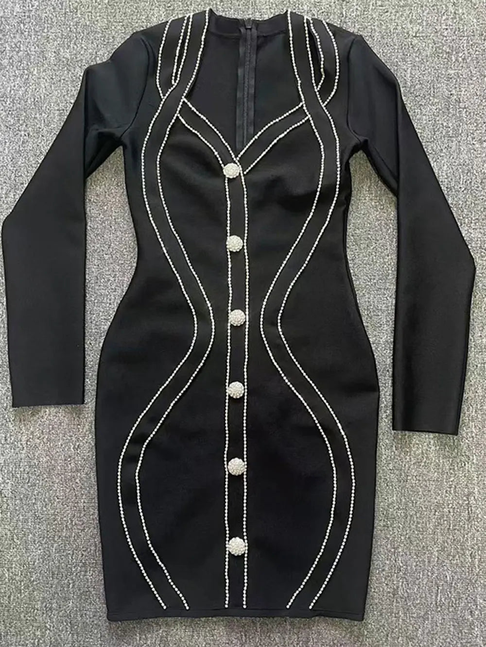 Spring Elegant Women Diamond Set Bandage Dress V-neck Long Sleeve Bodycon Single breasted Mini Dress Evening Party Vestidos black