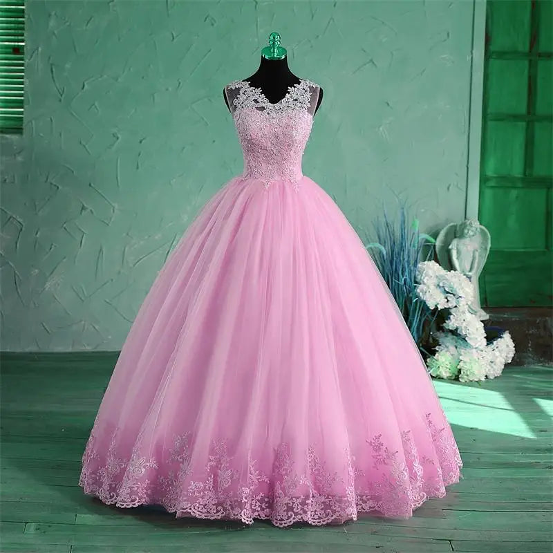 Spring New Sky Blue Quinceanera Dresses Sleeveless V-neck For Party Sweet Ball Gown Lace Appliques Prom Dress Customize Vestido (ZD17290)