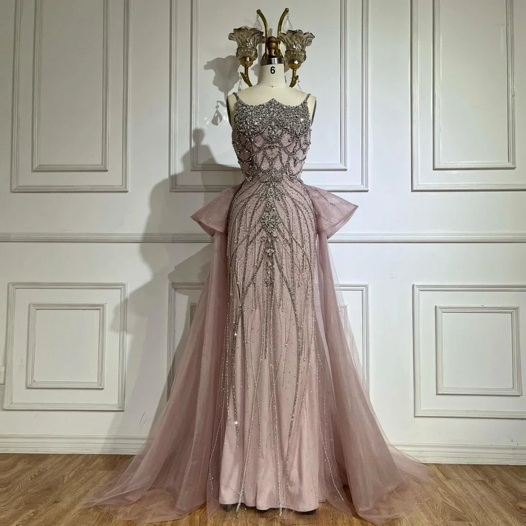 Zapdress Pink Spaghetti Strap Mermaid Beaded Evening Dresses with Overskirt Formal Party Gowns for Women DLA72810 Customized (ZD17232)