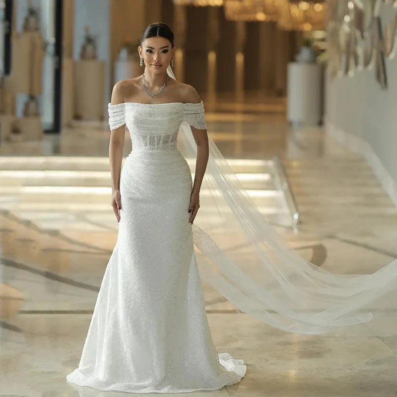 Elegant Mermaid Wedding Dresses Off The Shoulder Sequines Bridal Dress Boho Beach Wedding Prom Ball Gowns Customized Custom Color