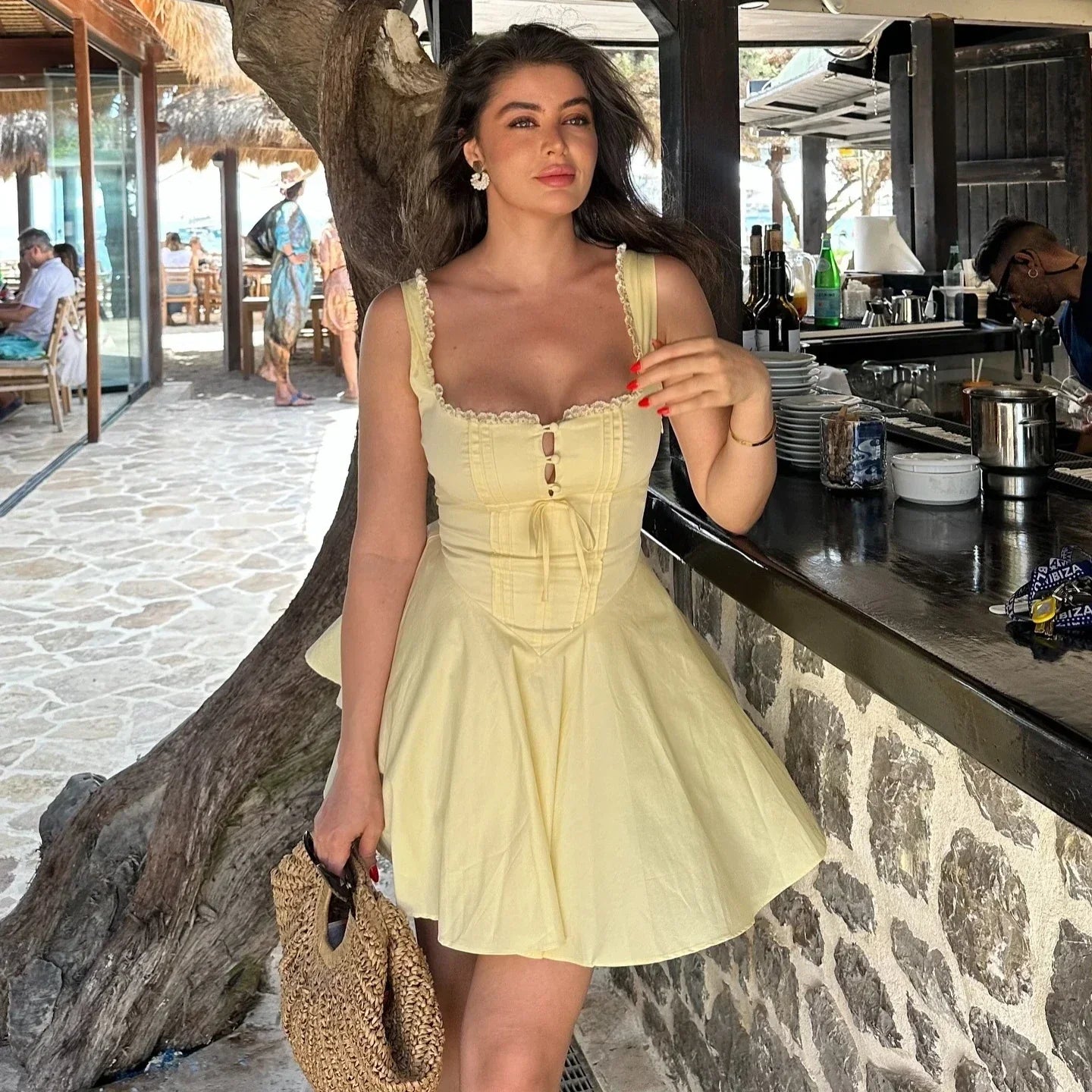 Lace Hollow A Line Yellow Holiday Mini Dress