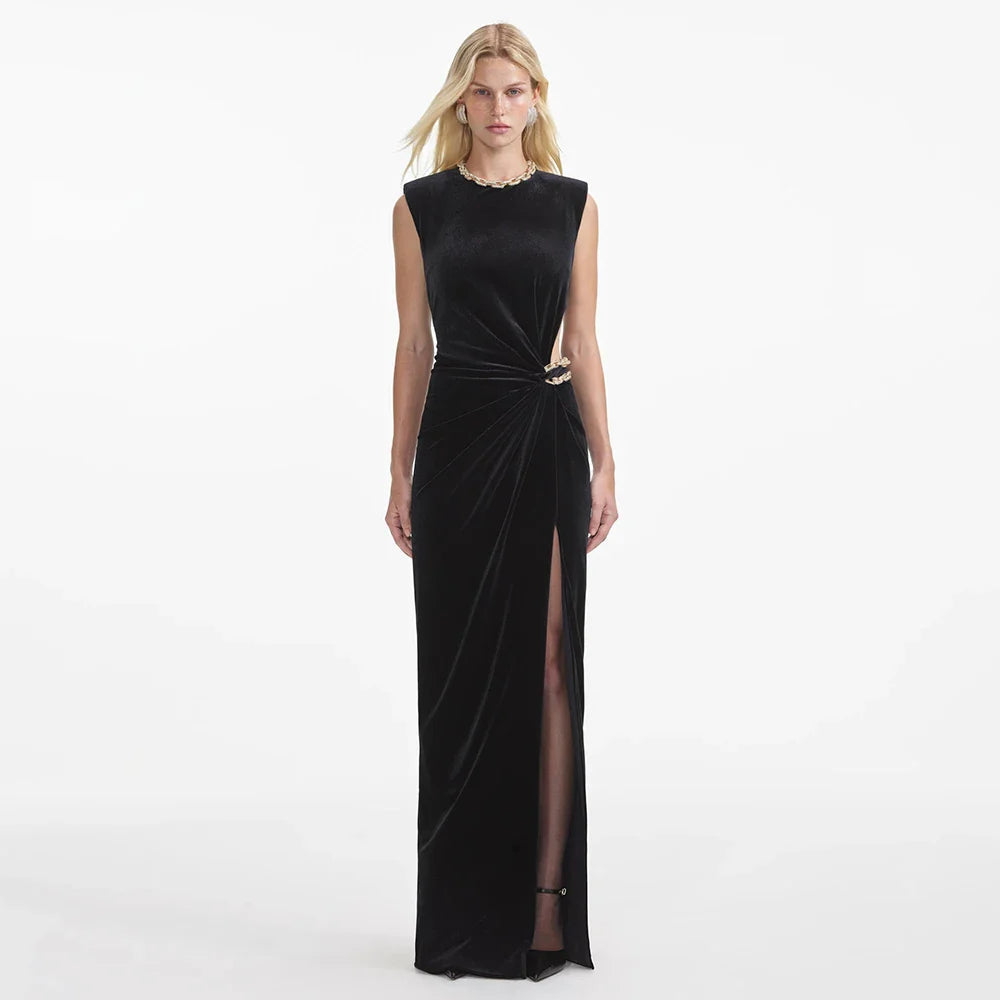 Elegant Diamond Chain High Waist hollow out Velvet Long Dress Women Sleeveless Shoulder Pad Dresses Female Evening Dresses Lady black