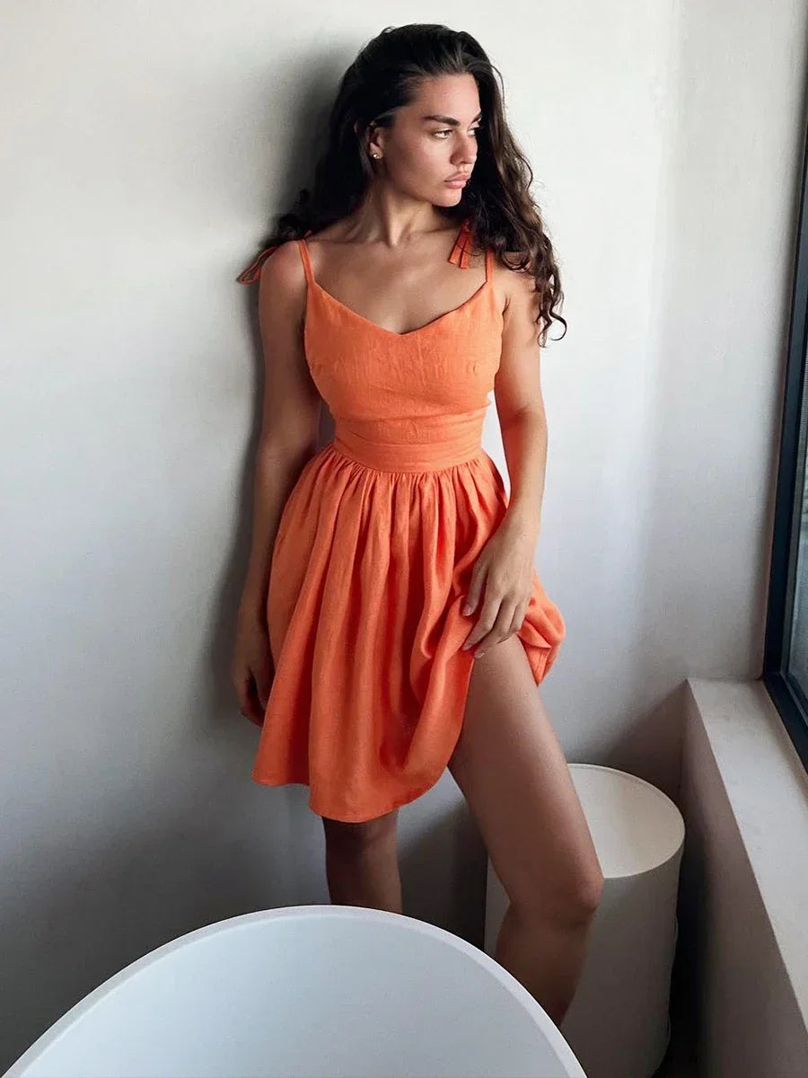 V Neck Spaghetti Strap Cotton Mini Dress - View 6 | VelvetHem