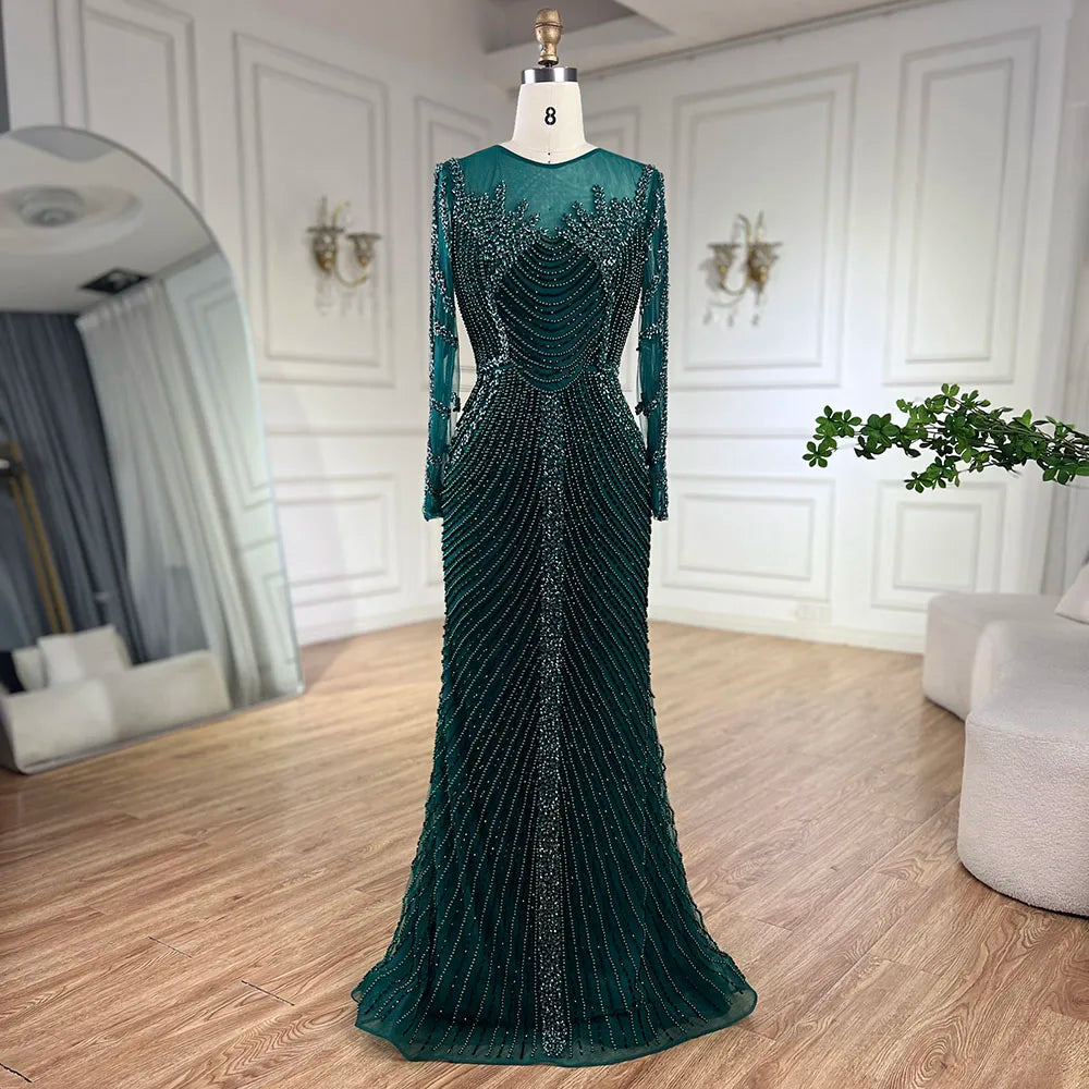 Zapdress Customized Sliver Nude Long Sleeves Pearls Beaded Luxury Evening Dresses Formal Party Gowns for Women (ZD17275)