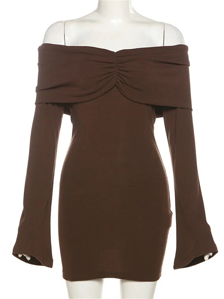 Vintage Pleated Slim Mini Dress Women Off Shoulder Fashion Long Sleeve Patchwork Party Dress Female Solid Backless Drerss
