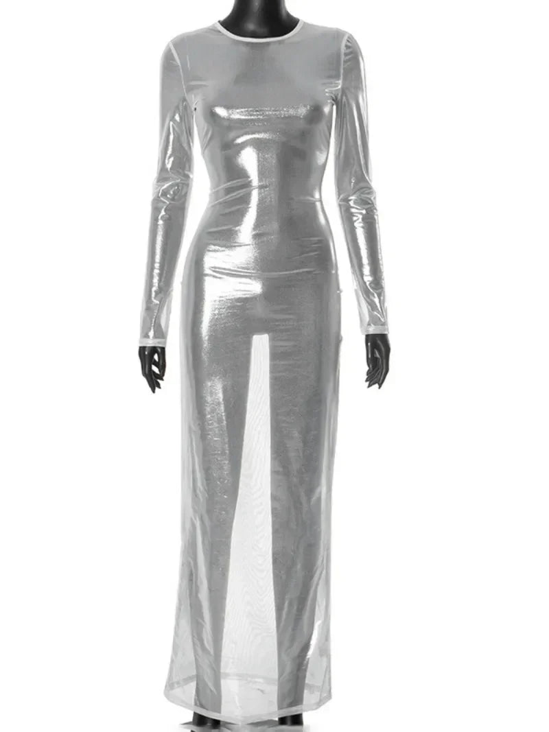 O - neck Full Sleeve Solid Color Mesh Dress