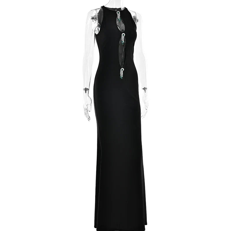 Hollow Out Pearl Tassel Black Long Dress