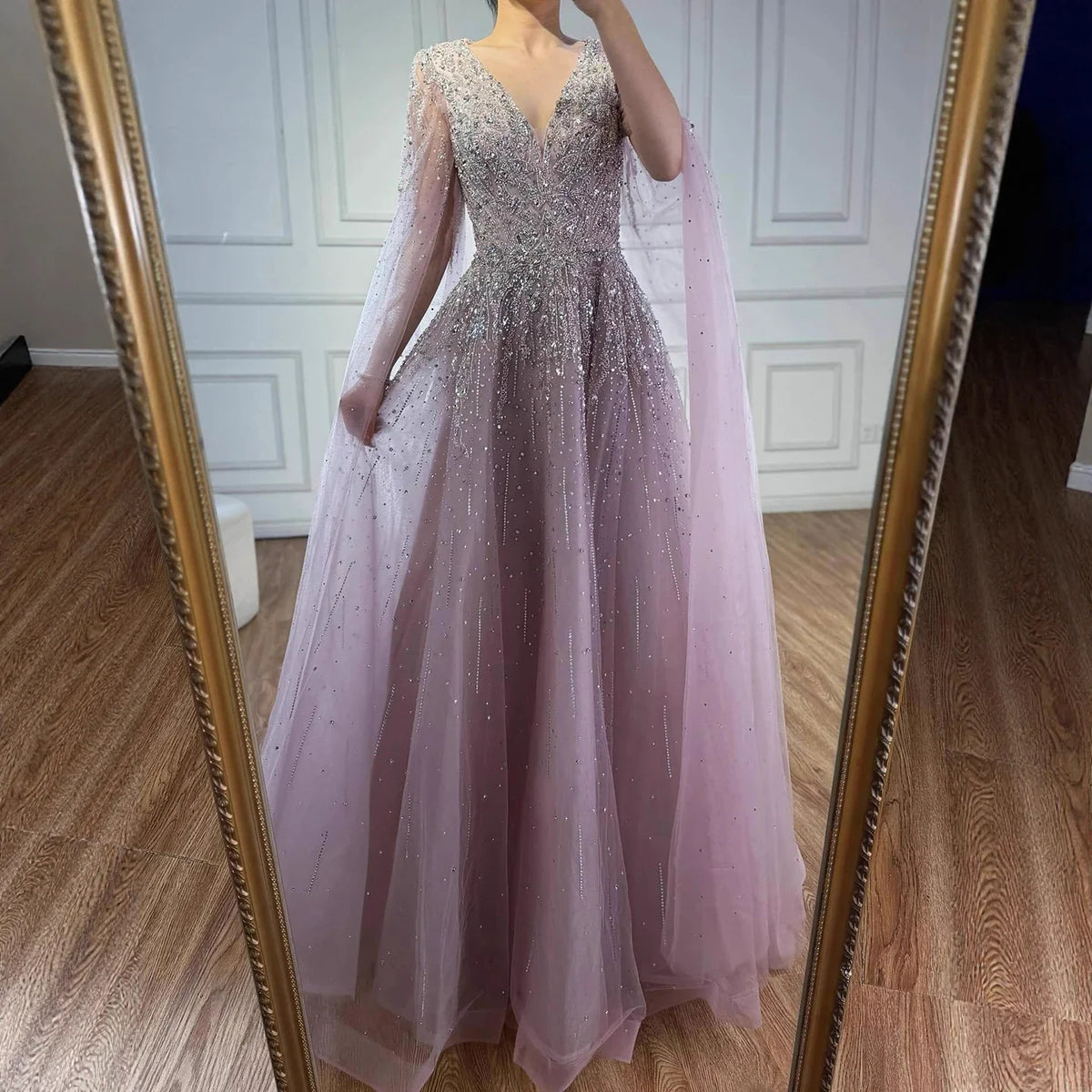 Zapdress 2026 Customized Pink Luxury Beaded A Line Evening Dress with Cape Sleeves Party Gowwns for Wedding Guest (ZD17209)