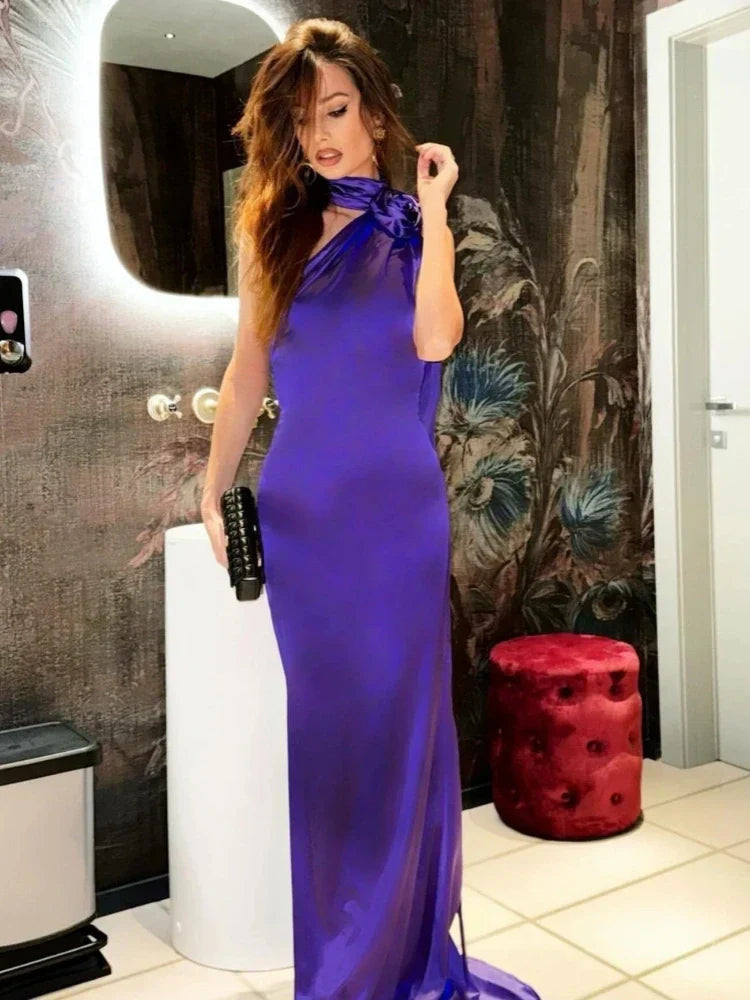 Purple Satin Halter Neck 3D Flower Scarf Maxi Dress