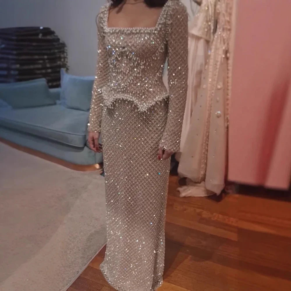 Elegant Beaded Pearl Mermaid Evening Dress with Long Sleeves for Wedding Occasion Zapdress 2025 Customized DLA72919A (ZD17238)