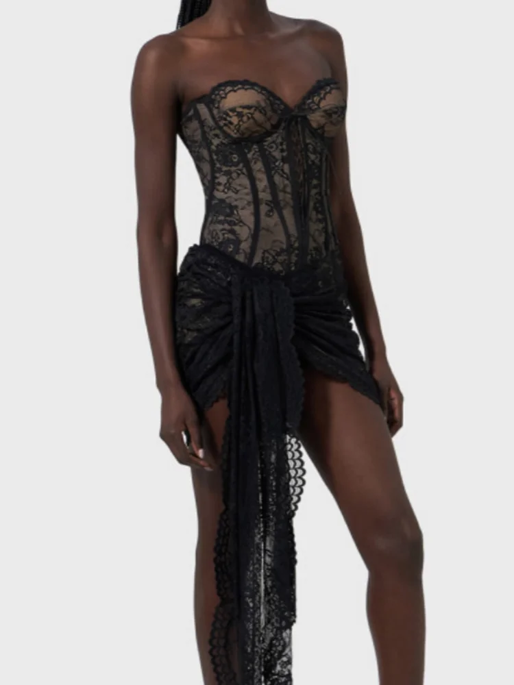 Lace-Up Corset Folds Draped Mini Lace Dress - View 5 | VelvetHem