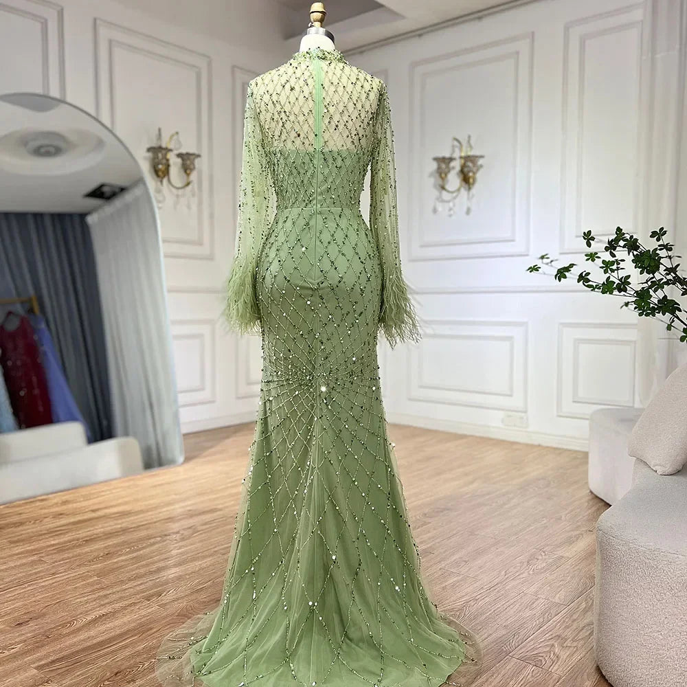 Customized 2025 Dubai Green Grid Cut Out Lace Beaded Feathers Sleeves Elegant Dresses Gowns for Formal Occasion DLA72394A (ZD17185)