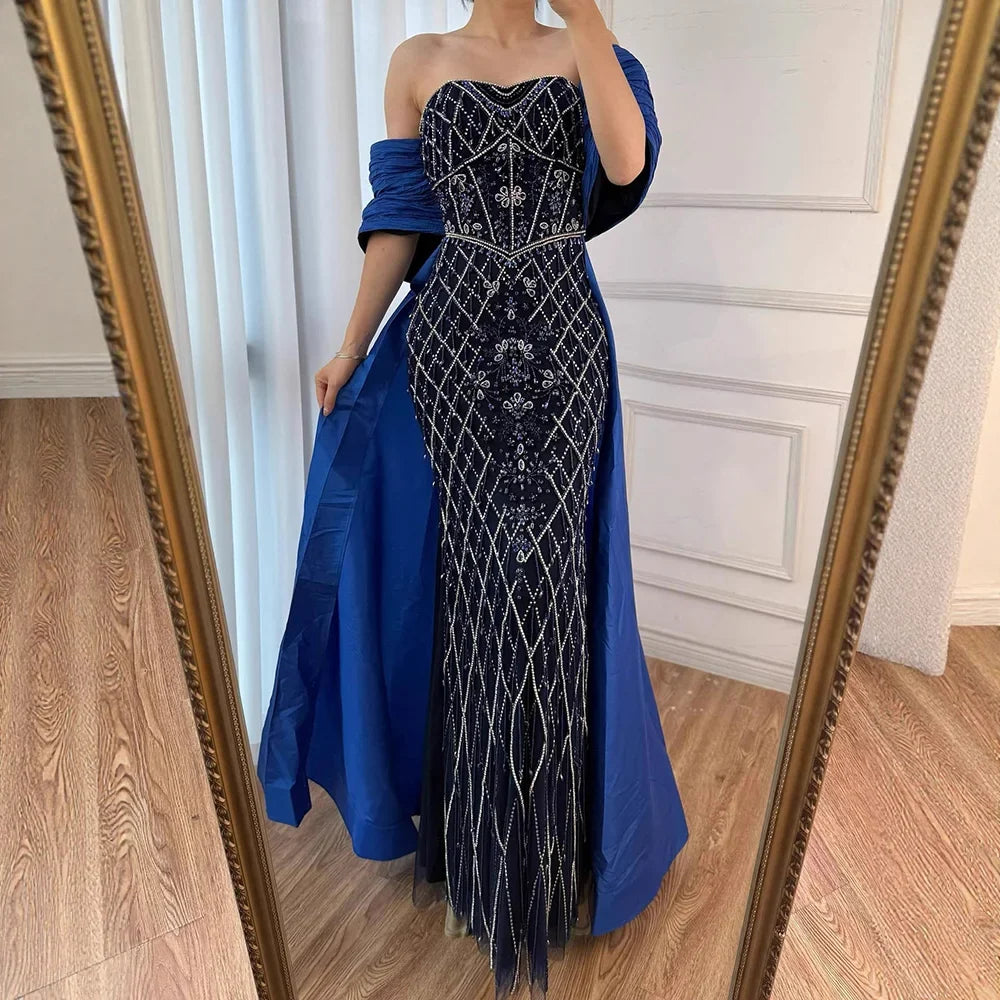 Zapdress Nude Strapless Off Shoulder Mermaid Overskirt Evening Dress Beaded Party Gowns for Women 2025 Customized (ZD17226)