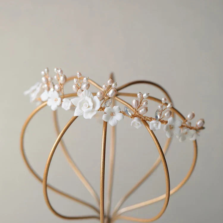 Gold Color Headband Freshwater Pearl Headpiece For Brides Porcelain Flower Hairband Wedding Accessories Bridal Hair Jewelry