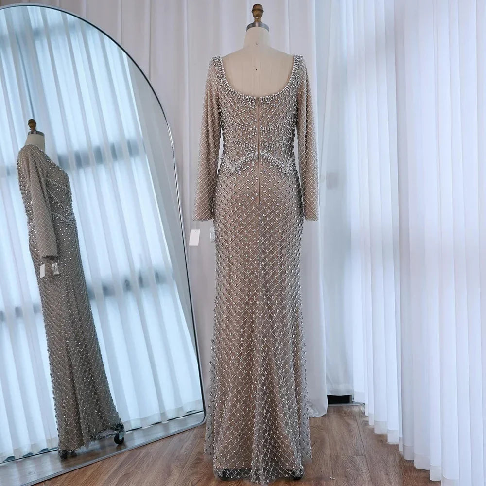 Elegant Beaded Pearl Mermaid Evening Dress with Long Sleeves for Wedding Occasion Zapdress 2025 Customized DLA72919A (ZD17238)