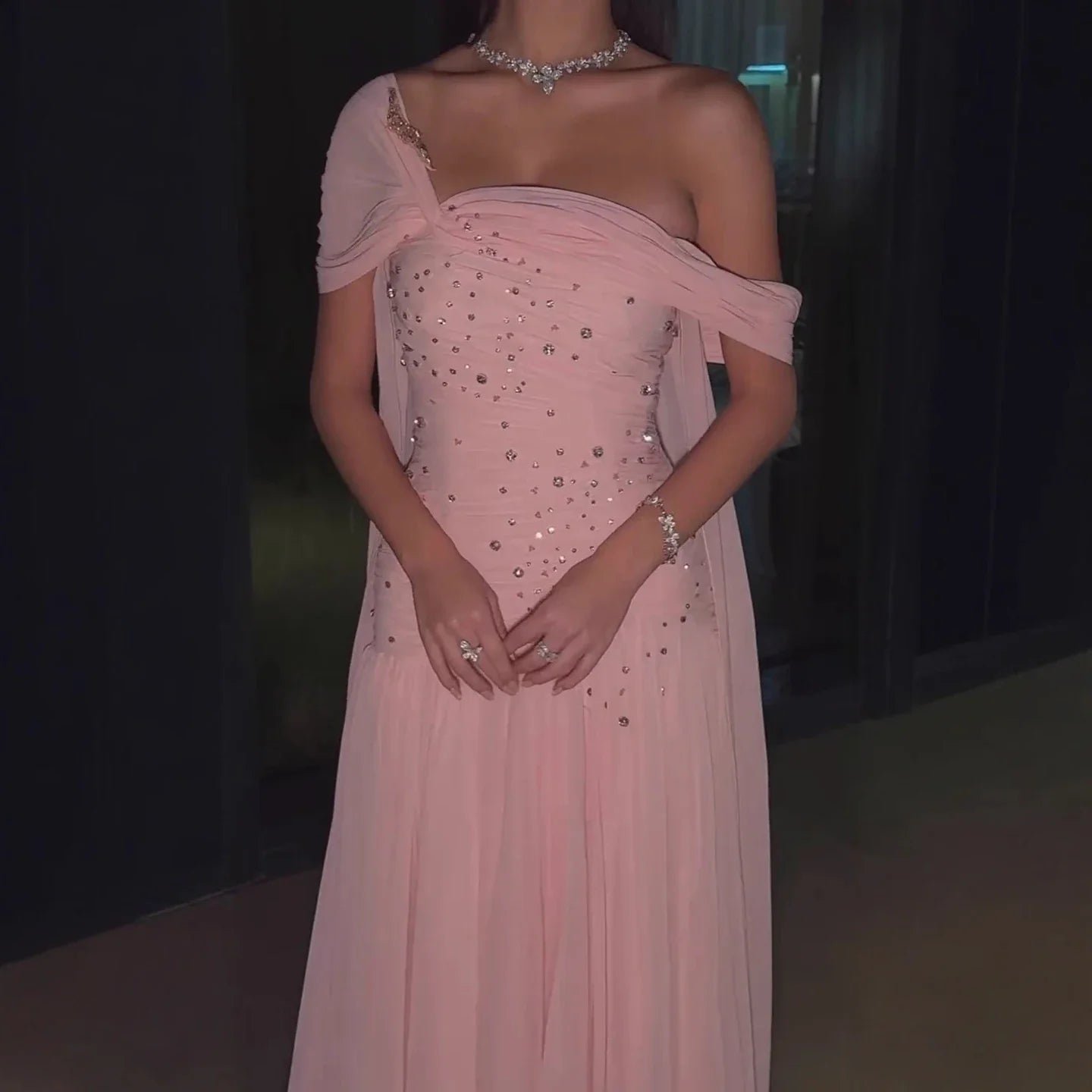Zapdress Pink Chiffon Mermaid Evening Gowns 2026 Elegant Mermaid Off-Shoulder Pleated Ruched Prom Dresses LA73347 Customized (ZD17312)