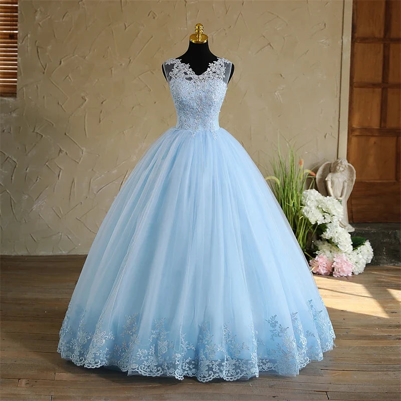 Spring New Sky Blue Quinceanera Dresses Sleeveless V-neck For Party Sweet Ball Gown Lace Appliques Prom Dress Customize Vestido (ZD17290)