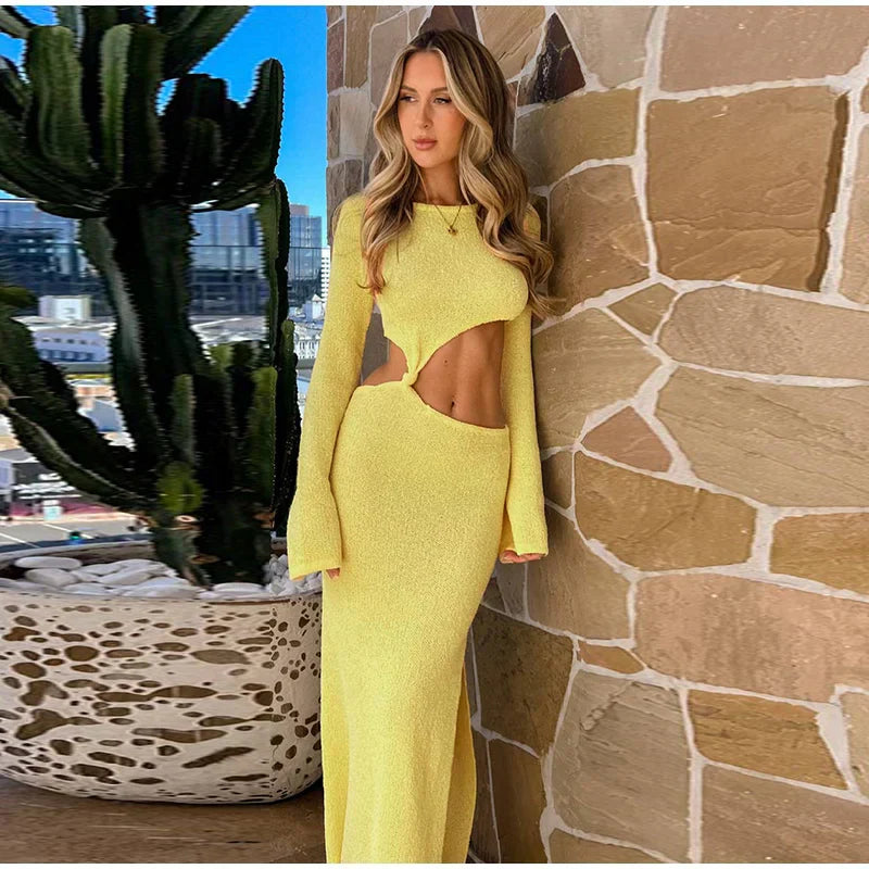 Knitted Hollow Out Solid O - neck Slit Maxi Dress