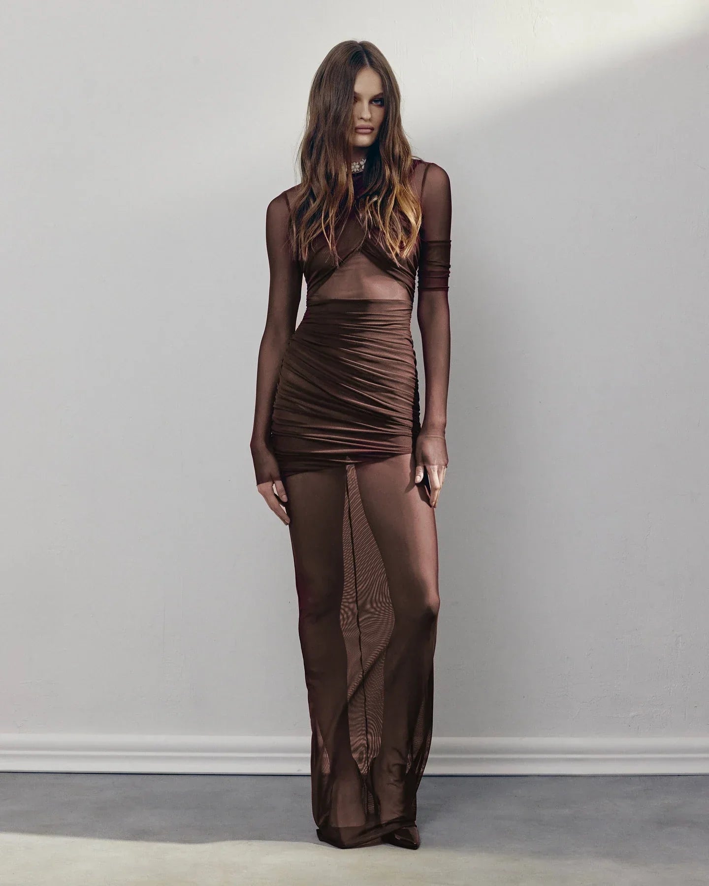 Brown Khaki Color Women Long Sleeve Sexy Mesh Bodycon Long Maxi Dress Runway Fashion Celebrate Evening Dress
