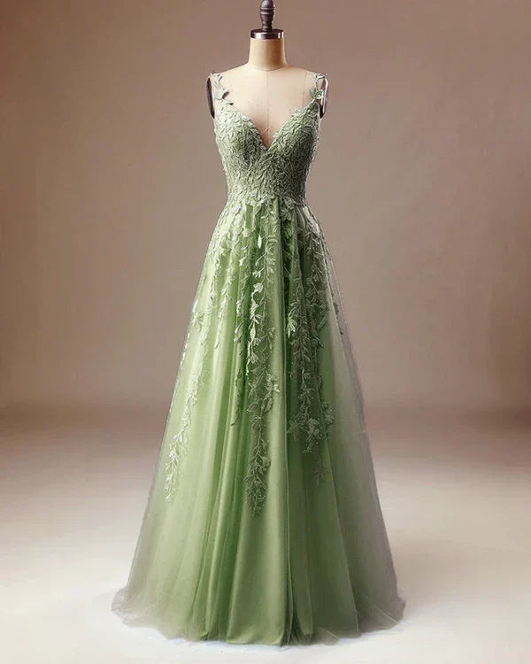 Elegant A-Line Prom Dresses V-Neck Lace Embroidery Sage Dress - FashionDia